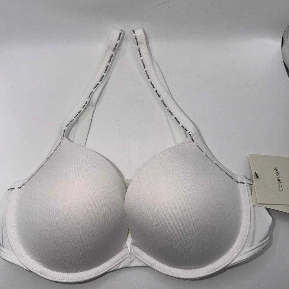 Calvin Klein 34B Microfiber Stretch Mini Logo White Push Up Bra Minimalist Basic